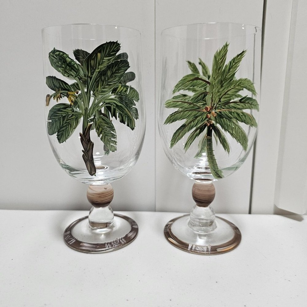 2 Florida Marketplace Palm Island Water Ice Tea Goblets 6.75" handpainted tree - Picture 4 of 9